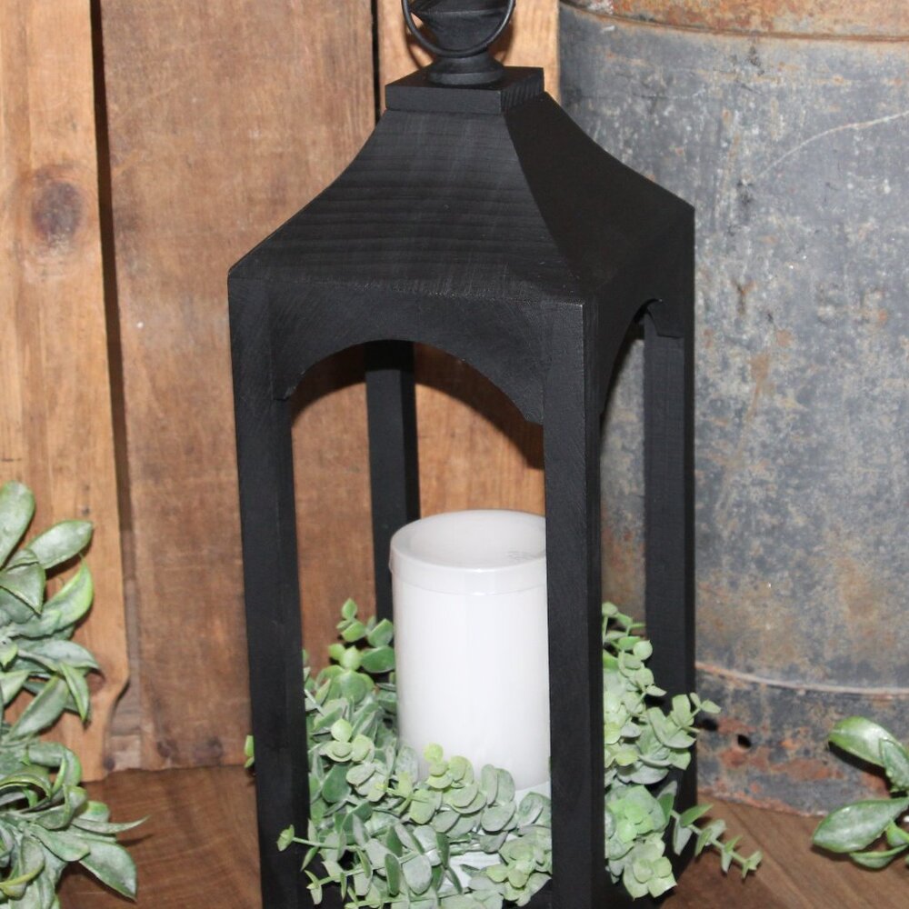 NEW 17" Black Open Wood Farmhouse Candle Lantern with Wreath Ring & LED Candle